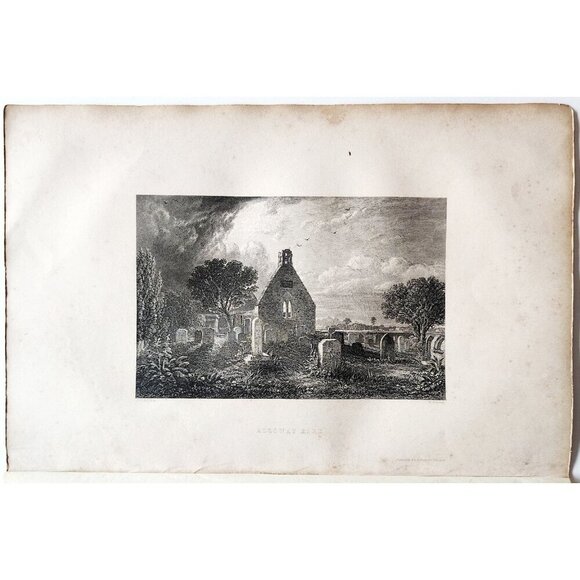 1844 Alloway Kirk Cemetary Engraving Victorian Scotland Graveyard Church DWSS19 - Picture 2 of 2